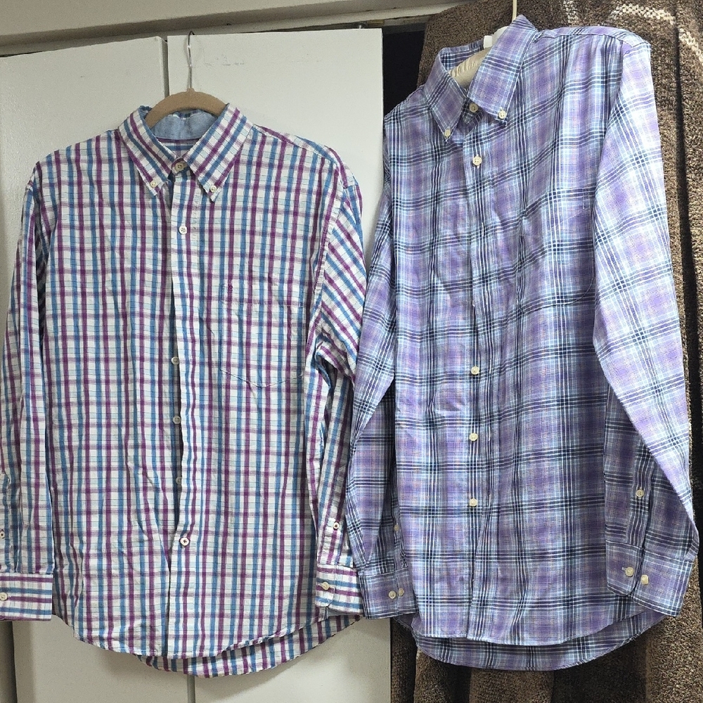 2 Plaid Button-Down Men's Pearl Pointed Button Collar Shirts  Multicolor One Vtg